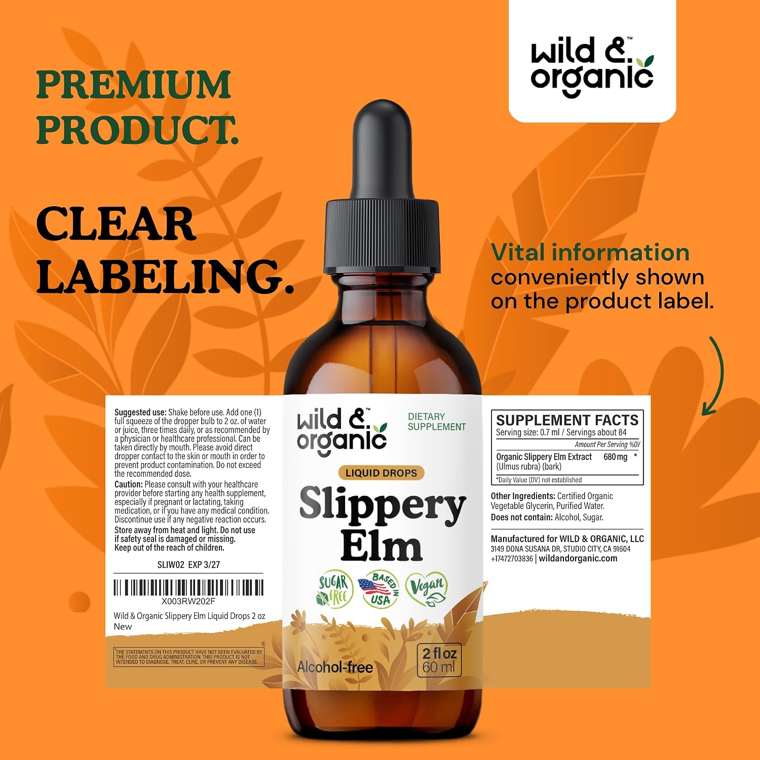 Wild & Organic Gotas de Olmo Resbaladizo - Extracto Líquido de Corteza de Ulmus Rubra - Sin Alcohol, Vegano - 2 fl oz