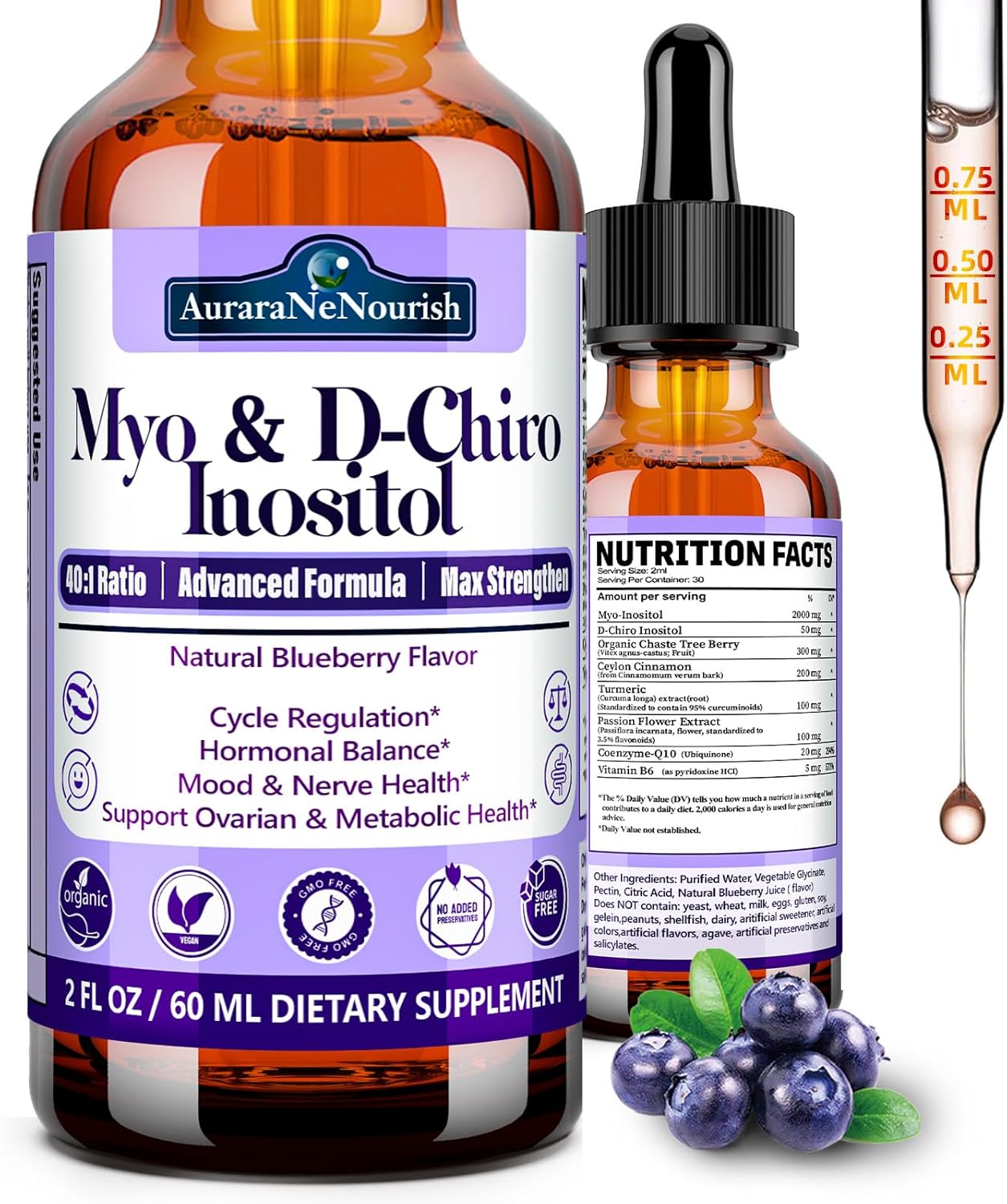 AuraraNeNourish Myo-Inositol & D-Chiro Inositol 40:1 Suplemento Líquido para Mujer