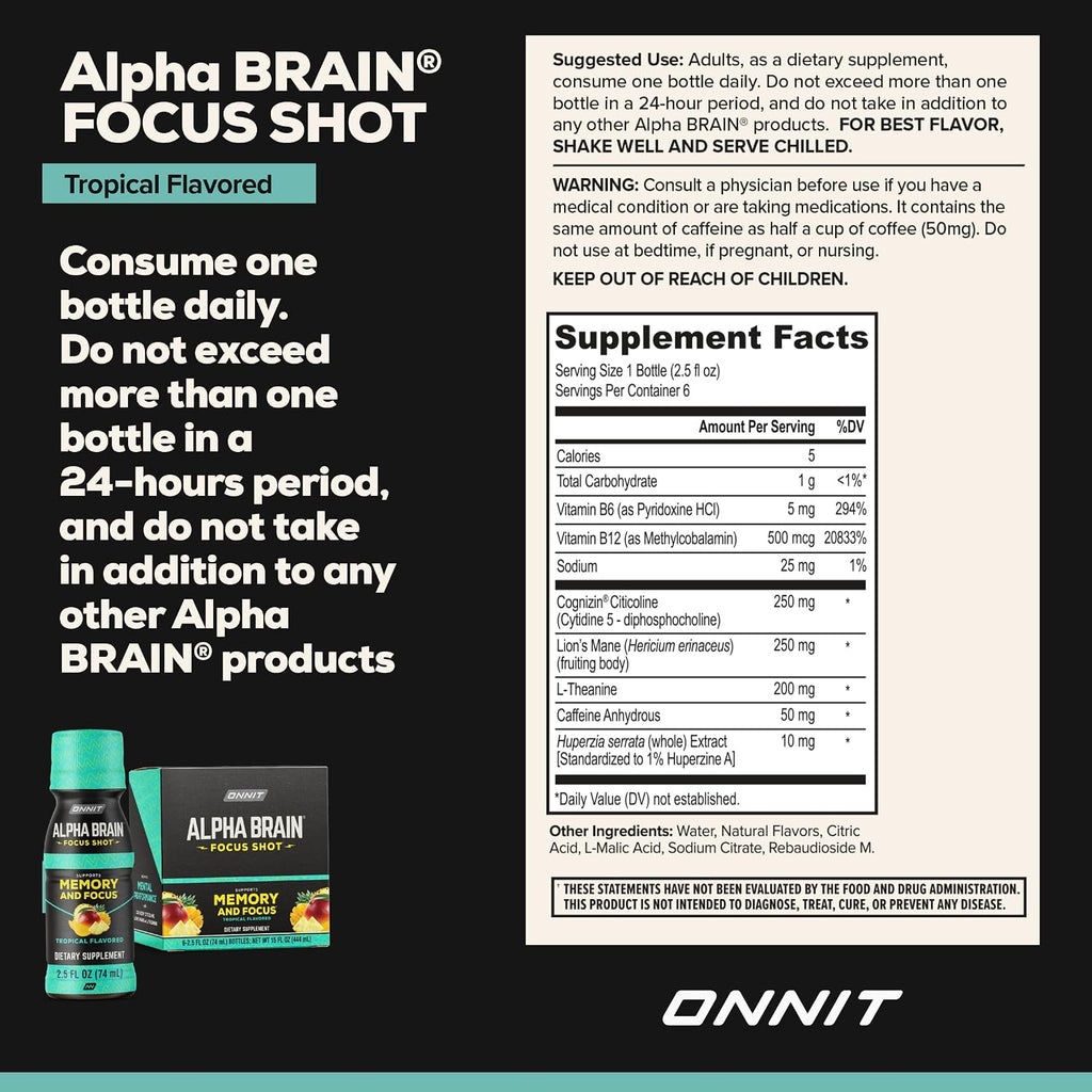ONNIT Alpha Brain Focus Shot, Sabor Tropical, 6 unidades, Certificado IGEN™ No GMO