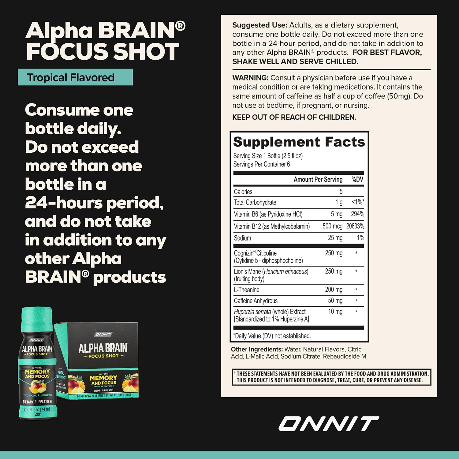 ONNIT Alpha Brain Focus Shot, Sabor Tropical, 6 unidades, Certificado IGEN™ No GMO
