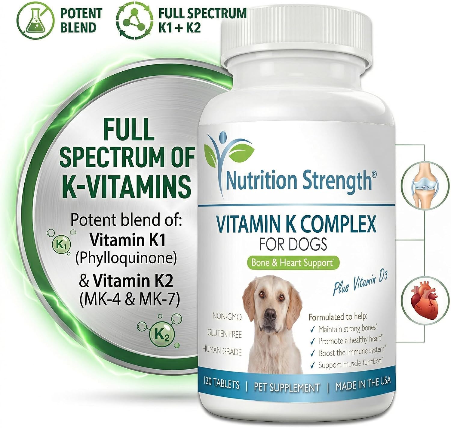 Complemento de vitamina K para perros - K1 y K2 (MK4 + MK7) + Vitamina D3 para la salud ósea, apoyo cardíaco y absorción de calcio - Fórmula avanzada para articulaciones fuertes, músculos y sistema inmunitario - 120 comprimidos