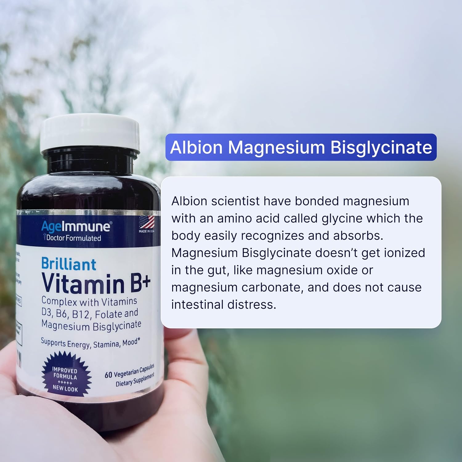 AgeImmune Complejo B con Vitamina D3, B12, B6, Magnesio Bisglicinato y Folato como Metilfolato - 60 Cápsulas - Sin Niacina