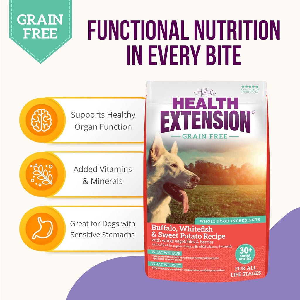 Health Extension Alimento seco sin cereales para perros con búfalo y pescado blanco - 30+ superalimentos y probióticos para todas las etapas de la vida (4,5 kg)