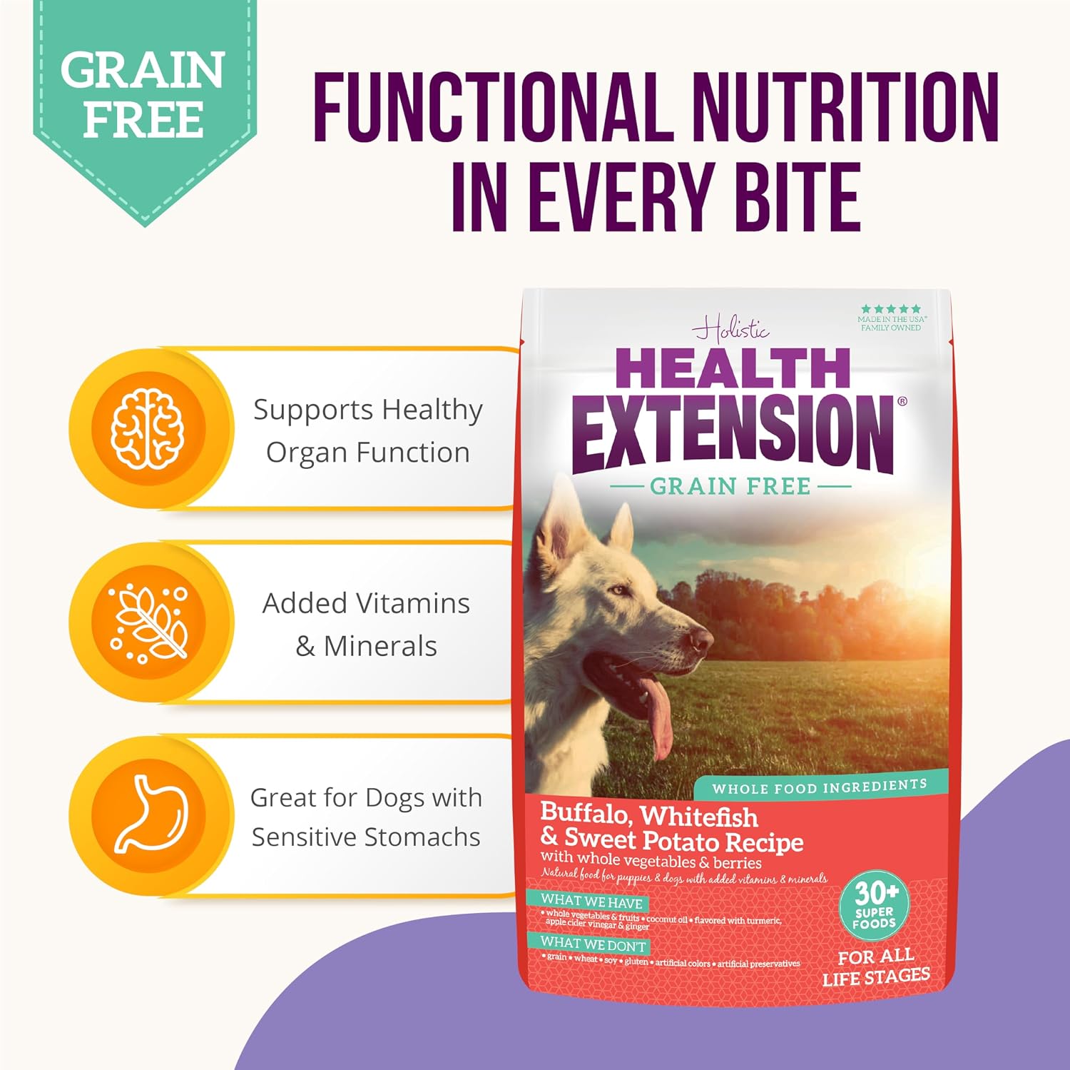 Health Extension Grain Free Buffalo & Whitefish Dog Food con Superalimentos y Probióticos (10.7 kg)