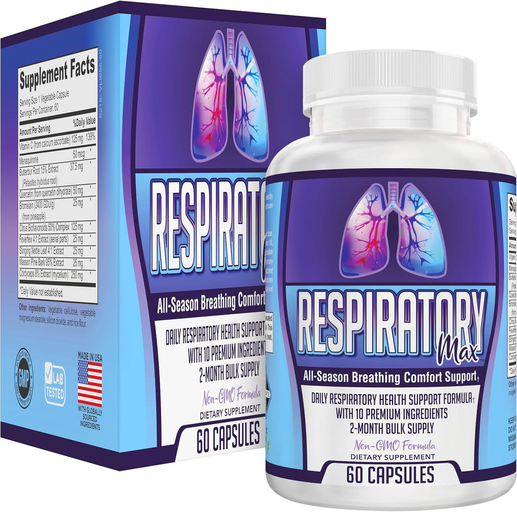 Respiratory-Max (2 Meses) Complejo de Apoyo Pulmonar y Respiratorio | Fórmula 10 en 1 | 60 Cápsulas