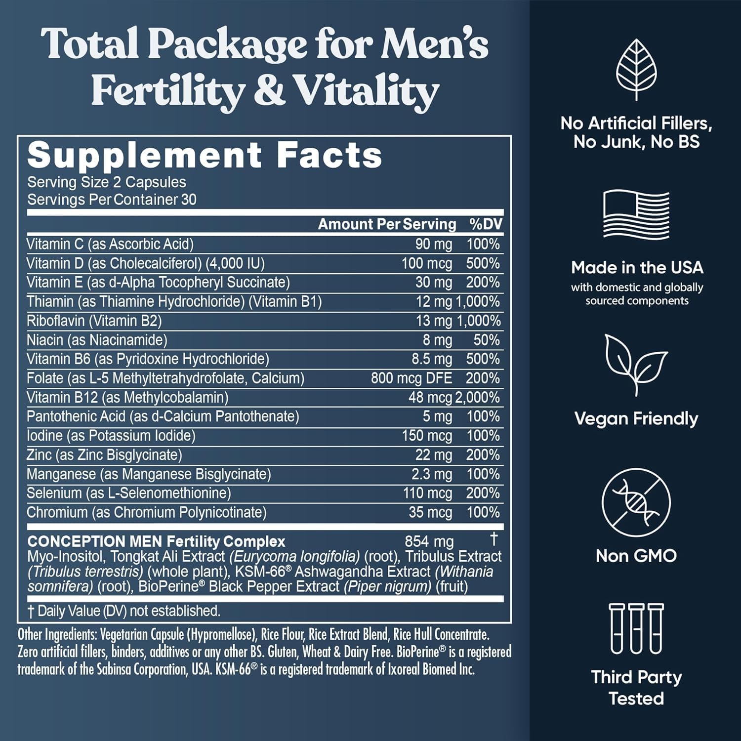 Eu Natural Conception for Him - Suplemento de Fertilidad Masculina con Ashwagandha, Folato y Zinc - Apoyo para el Recuento, Motilidad y Fuerza Espermática - 120 Cápsulas Vegetales