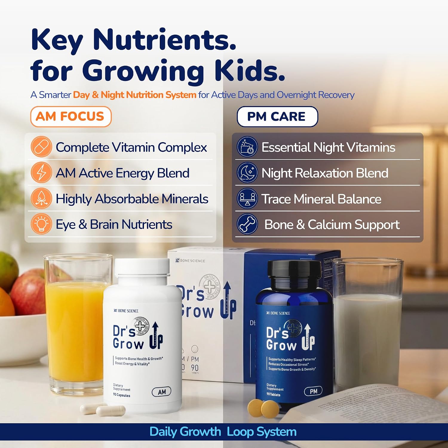 BONE SCIENCE Dr’s Grow UP AM & PM – Sistema Día y Noche para el Crecimiento y Salud Ósea de Niños y Adolescentes