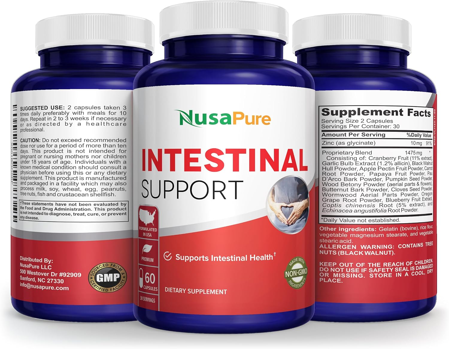 NusaPure Apoyo Intestinal para Humanos (sin OGM), Ajenjo, Ajo, Cáscara de Nuez Negra, 60 Cápsulas