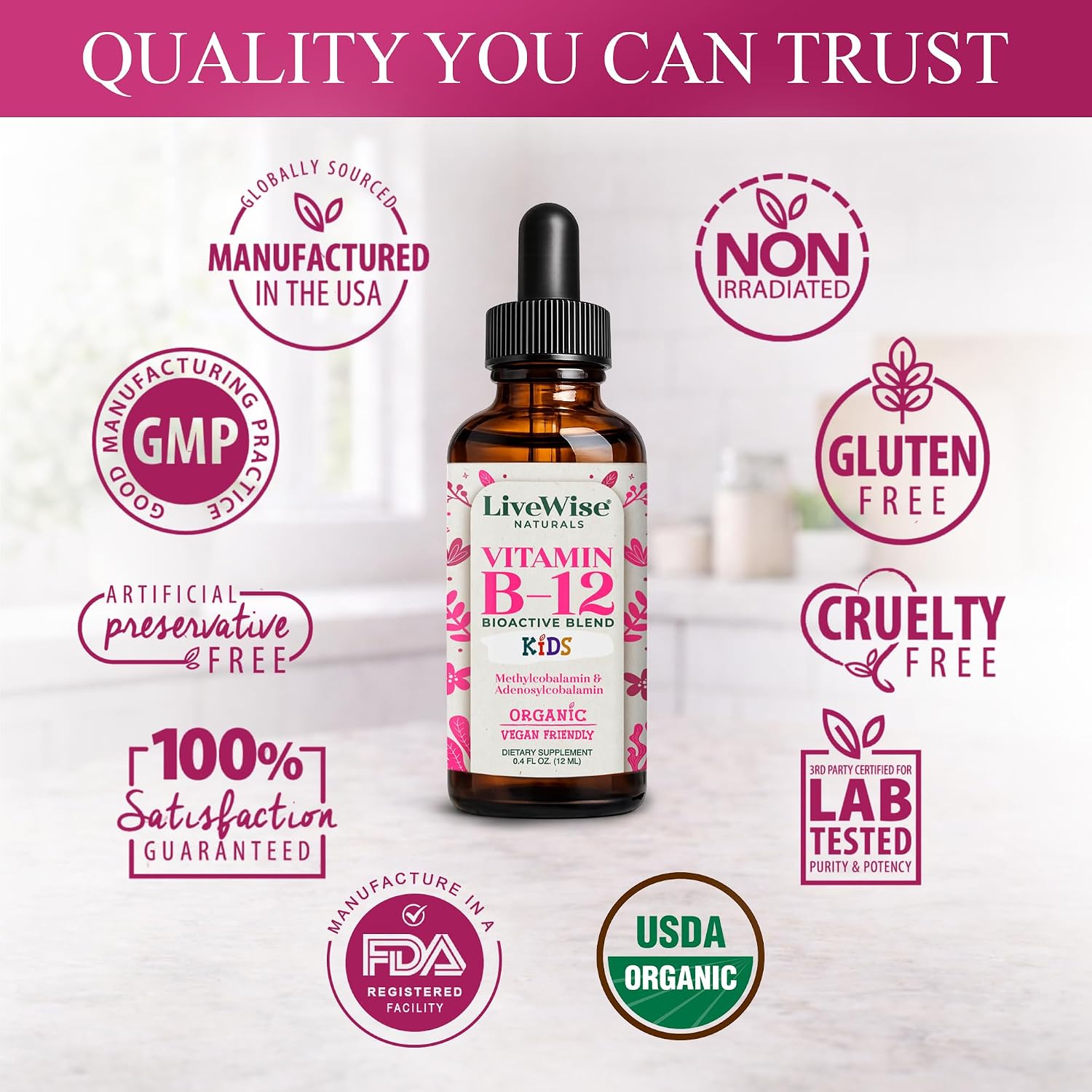 Live Wise Naturals Gotas Líquidas Orgánicas de Vitamina B12 para Niños, 12 ml (0.4 fl oz)