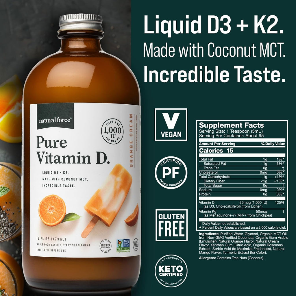 Natural Force Pure Vitamin D – Líquido D3 y K2 con MCT de Coco – 1,000 UI – Vegano – Sabor Naranja Crema – 473 ml