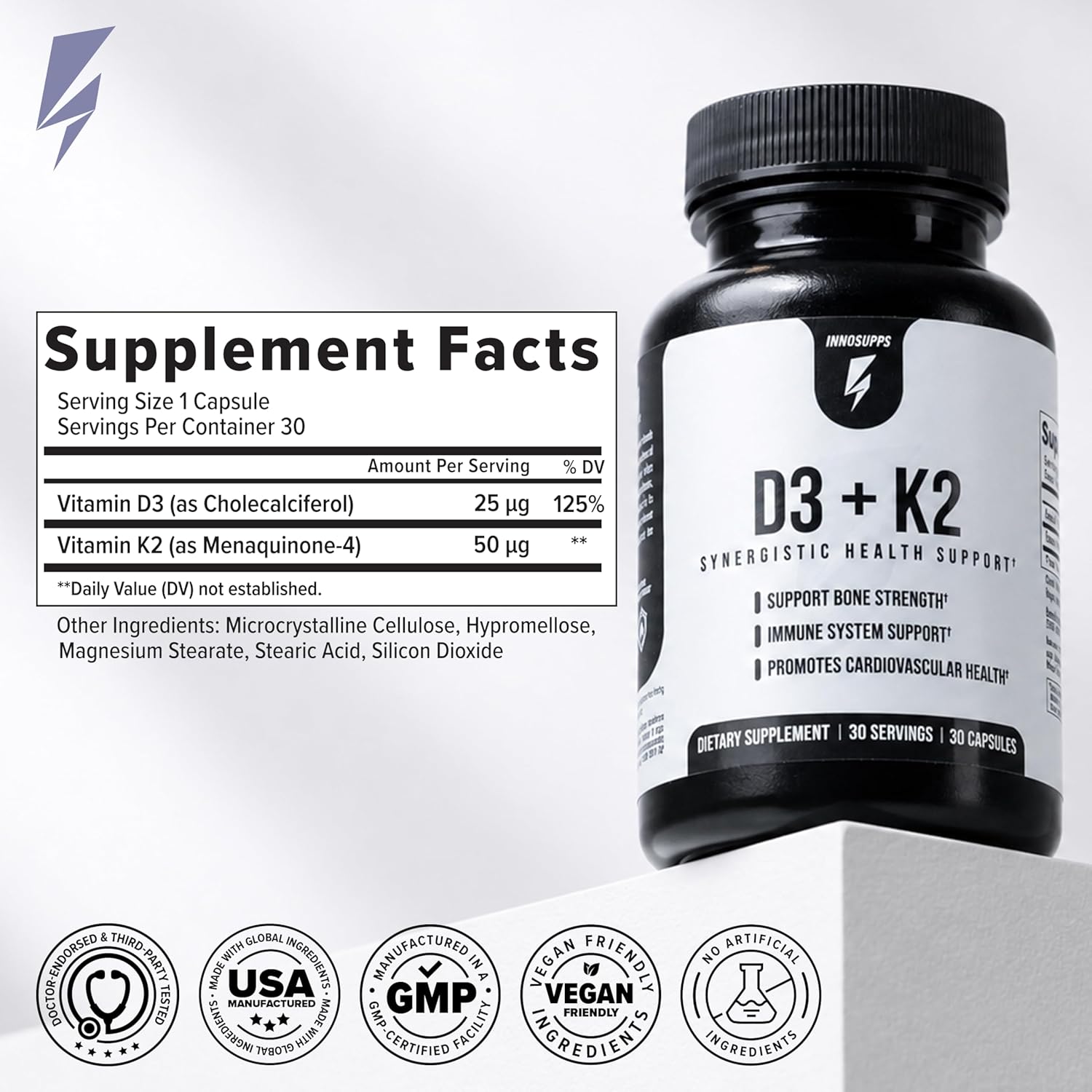 Inno D3+K2 - Vitamina D3, K2 y Magnesio (30 Cápsulas)