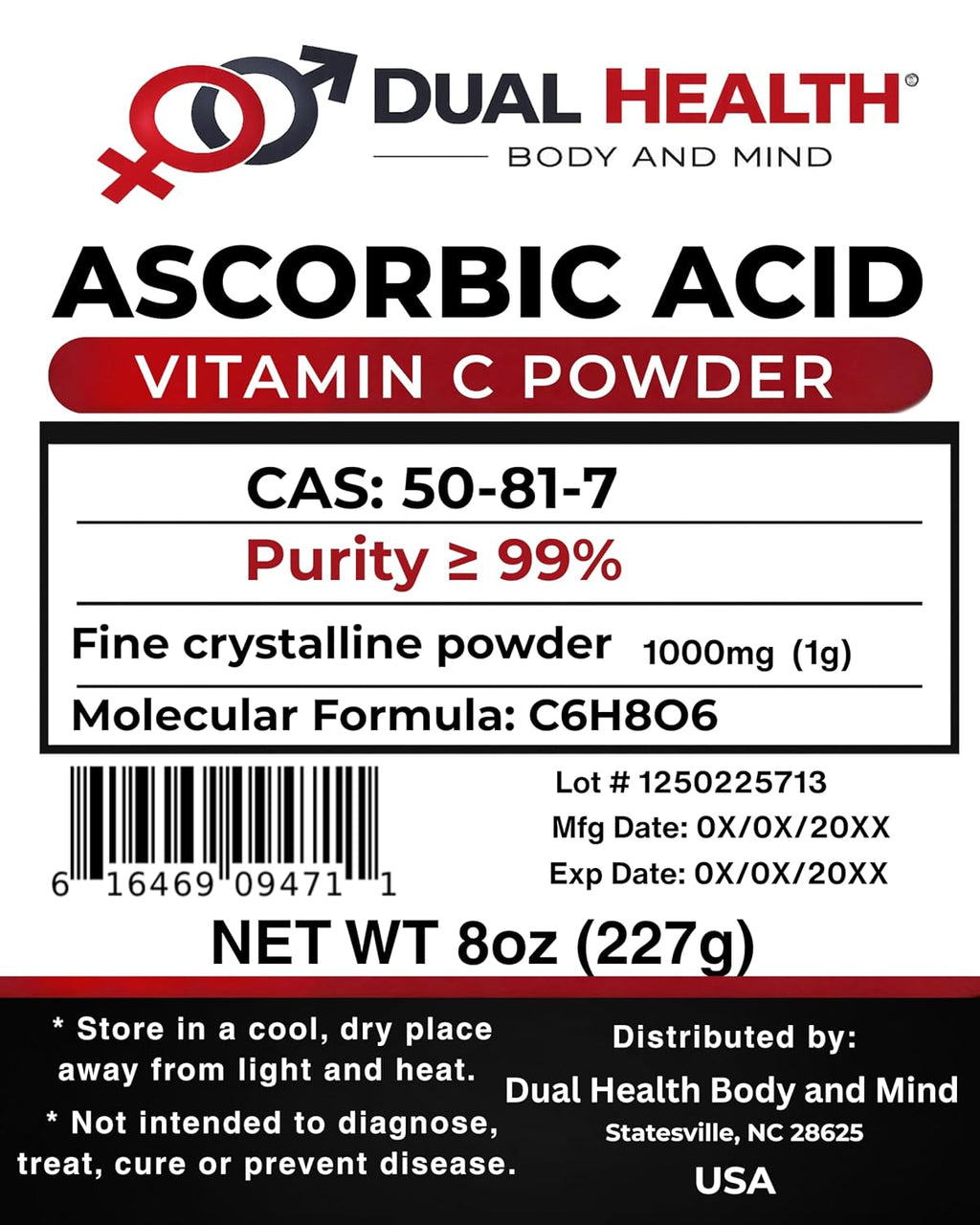 Dual Health Ácido Ascórbico Puro en Polvo – L-Ácido Ascórbico en Cristales Finos – Ingrediente Cosmético – 227 g