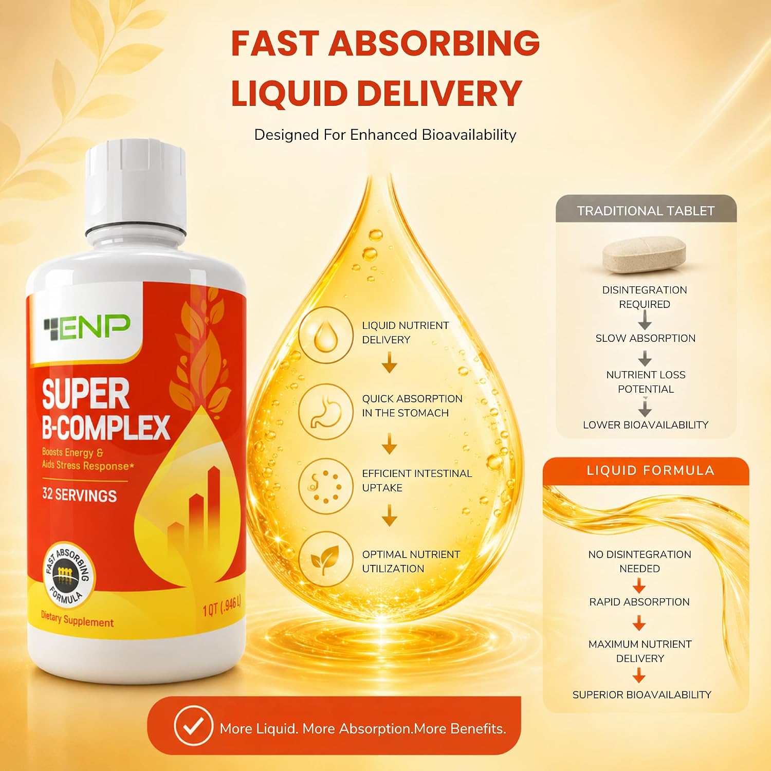 ENP Super B Complex Liquid - B12, B6, Tiamina y Biotina - Apoyo Energético, Metabólico y Nervioso - Vitaminas B Líquidas para el Bienestar Diario - 32 Porciones