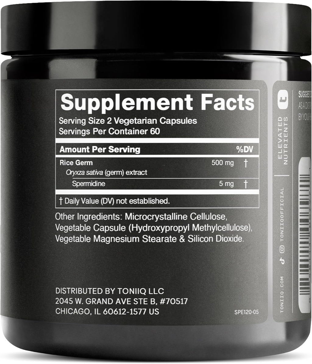 Toniiq Espermidina Ultra Concentrada 500mg - No Sintético - 5 mg por Cápsula - Extracto de Germen de Arroz