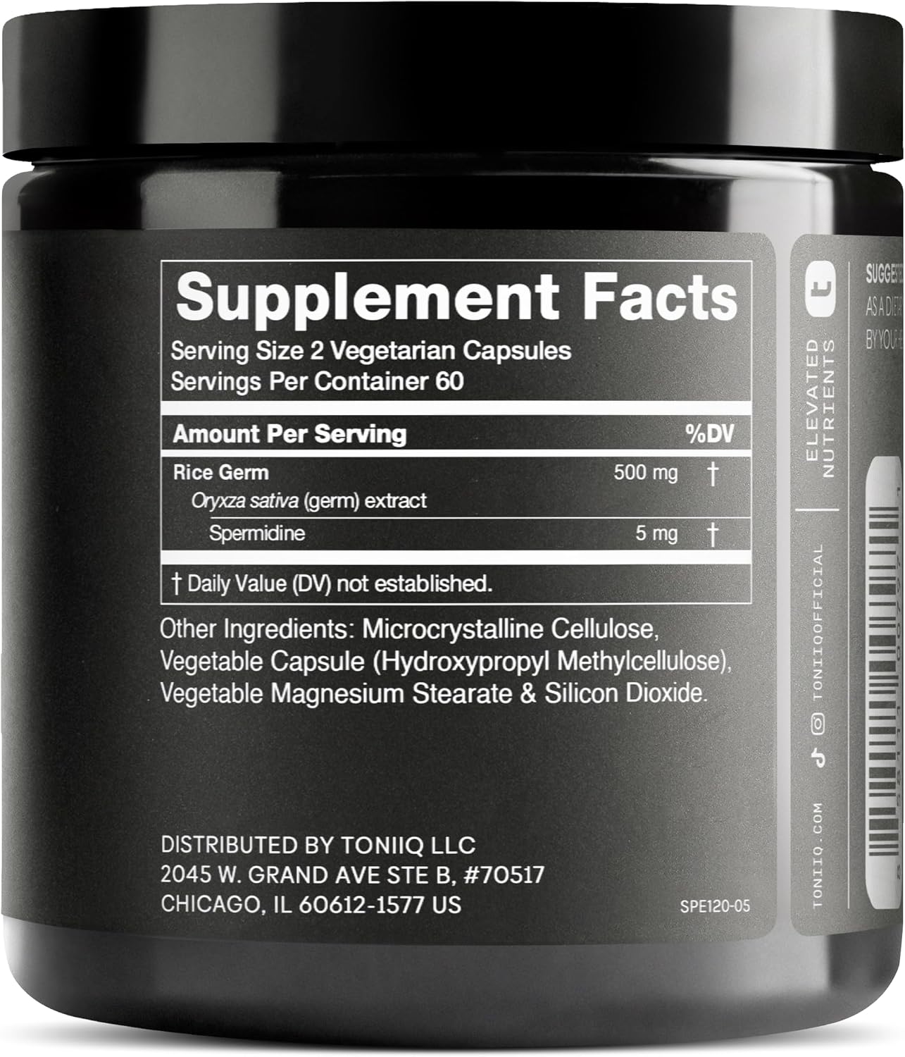 Toniiq Espermidina Ultra Concentrada 500mg - No Sintético - 5 mg por Cápsula - Extracto de Germen de Arroz