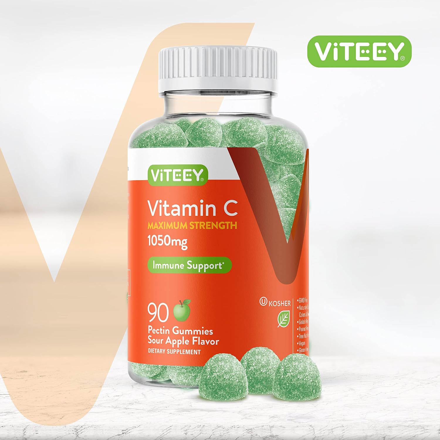Viteey Gominolas de Vitamina C para Adultos - 1050 mg - 90 Gomitas - Sabor Manzana Ácida