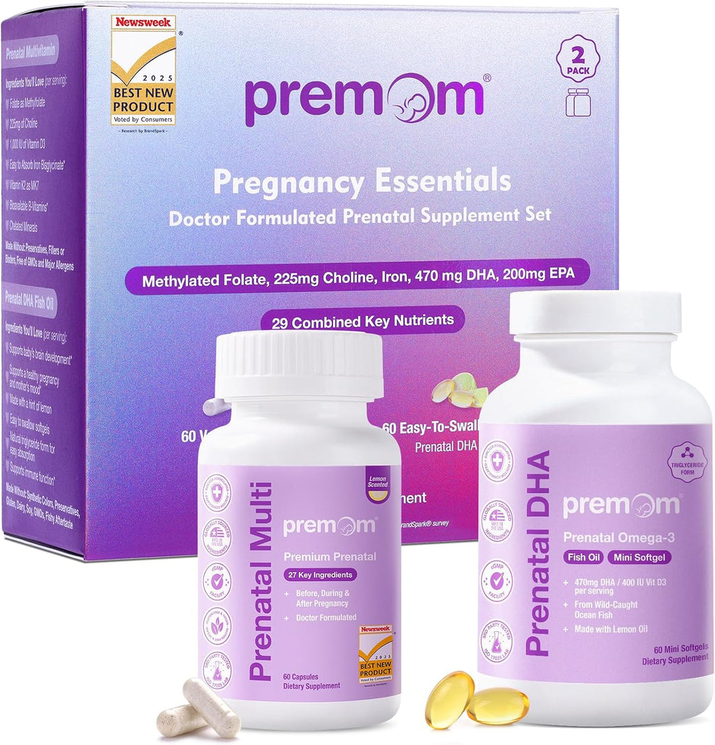 Premom Vitaminas Prenatales con DHA - Complejo Multivitamínico y Omega-3 (Cápsulas + Softgels)
