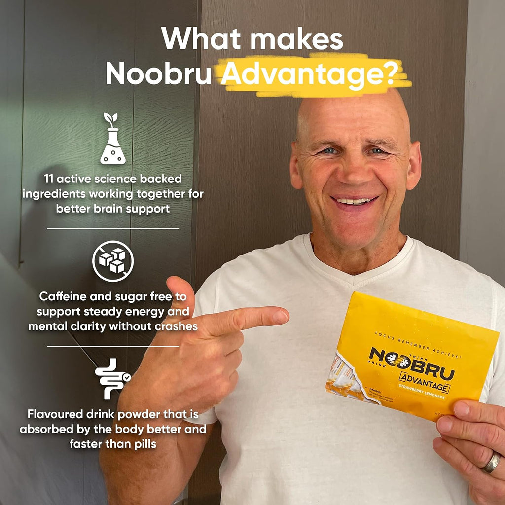 Noobru Advantage Nootropic - Suplemento de Nootrópicos con 11 Ingredientes Activos - 20 Sobres Sabor Fresa Limón