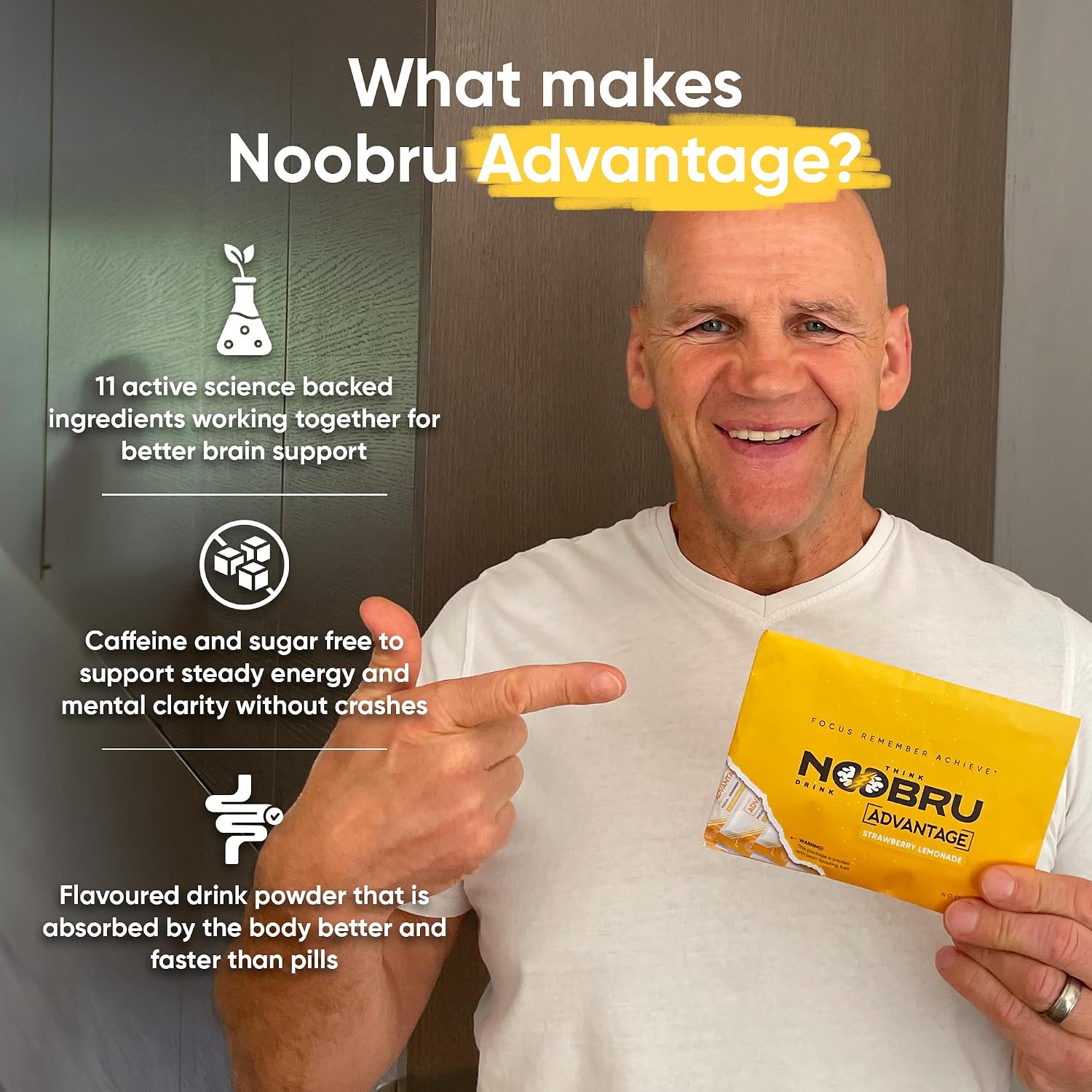 Noobru Advantage Nootropic - Suplemento de Nootrópicos con 11 Ingredientes Activos - 20 Sobres Sabor Fresa Limón