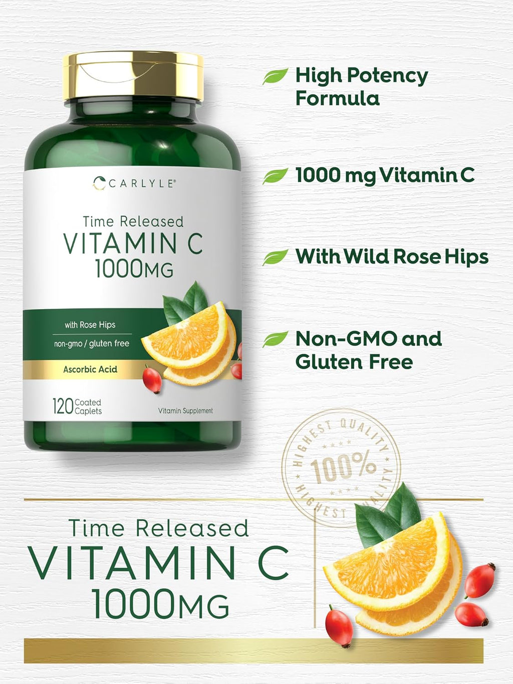 Carlyle Vitamina C 1000mg Liberación Prolongada con Rosa Mosqueta - 120 Comprimidos Vegetales