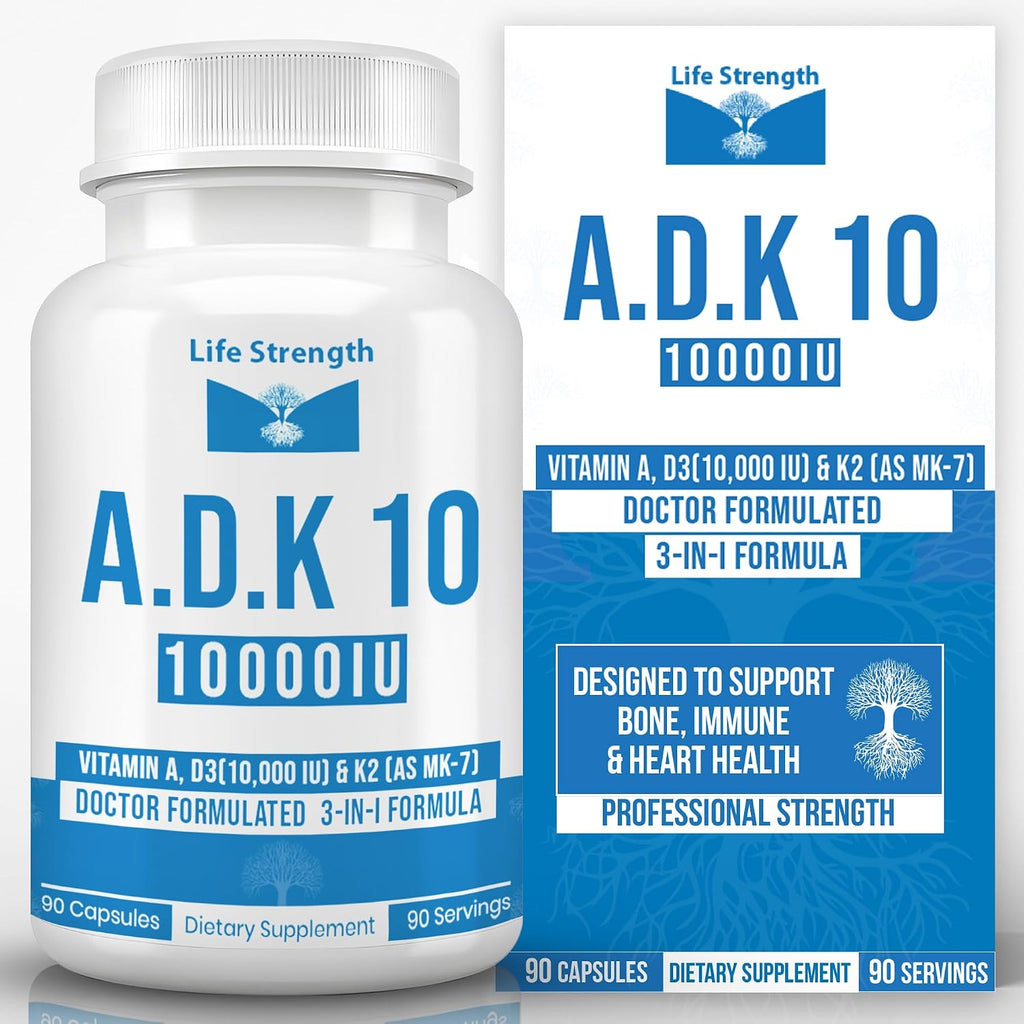 LifeStrength ADK 10 - 90 Cápsulas - Complejo de Vitaminas A, D3 10.000 UI y K2 (MK-7)