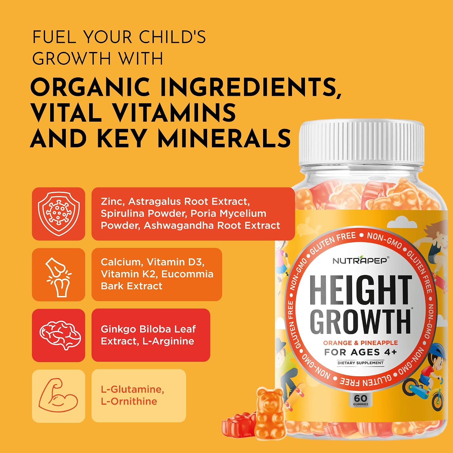 NutraPep Gomitas de Crecimiento y Altura para Adolescentes – Multivitamínico con Calcio, Vitamina D3, K2, Zinc, L-Arginina, L-Glutamina, L-Ornitina para Niños y Niñas