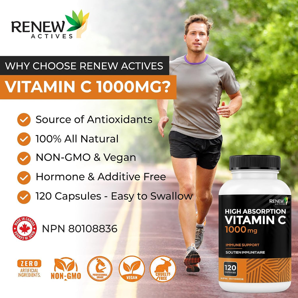 RENEW ACTIVES Maximum Strength Vitamina C 1000 mg por ración – Antioxidante y Refuerzo Inmunitario – No-GMO, Sin Azúcar, 120 Cápsulas – Hecho en Canadá