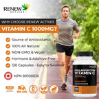 RENEW ACTIVES Maximum Strength Vitamina C 1000 mg por ración – Antioxidante y Refuerzo Inmunitario – No-GMO, Sin Azúcar, 120 Cápsulas – Hecho en Canadá