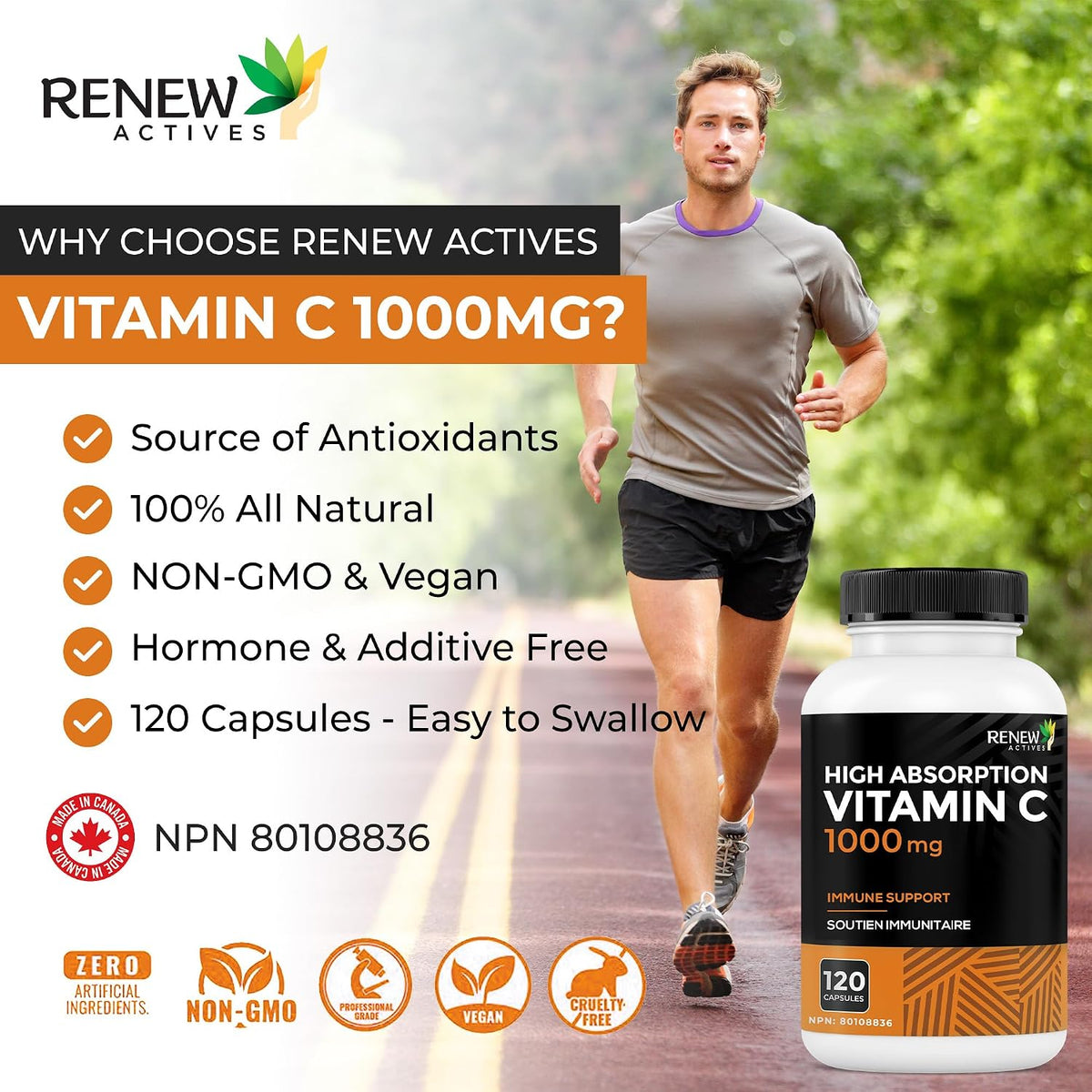 RENEW ACTIVES Maximum Strength Vitamina C 1000 mg por ración – Antioxidante y Refuerzo Inmunitario – No-GMO, Sin Azúcar, 120 – Image 5