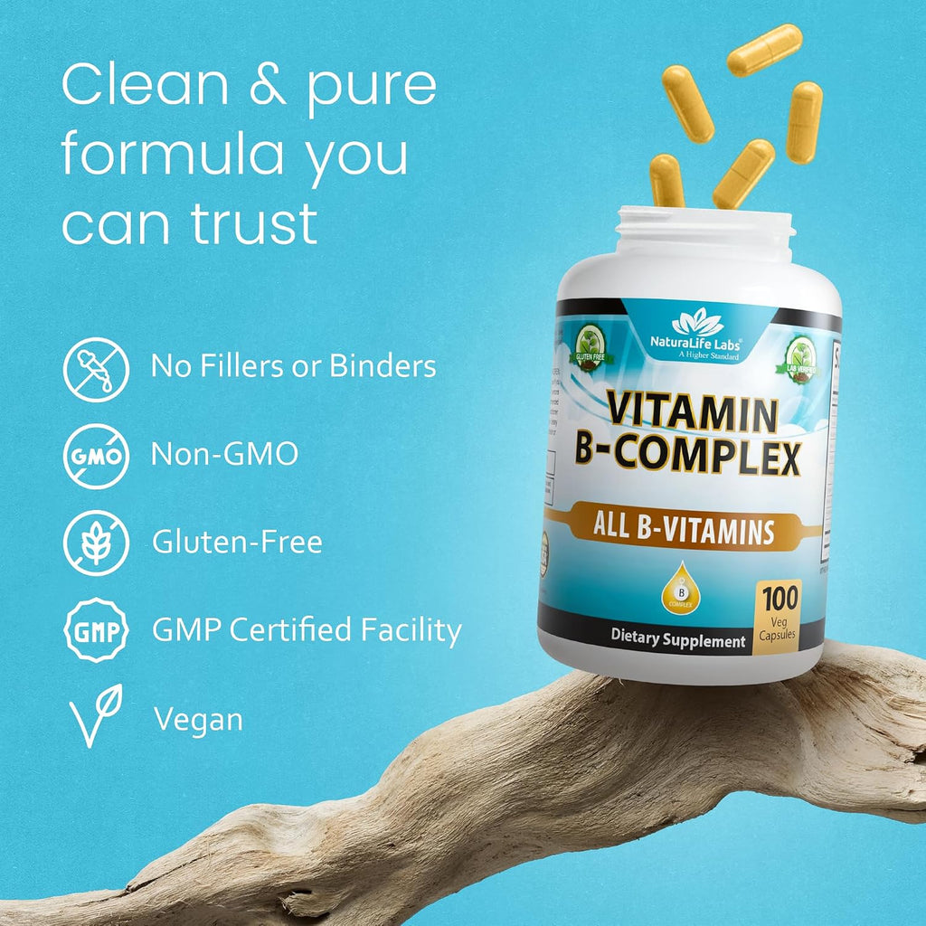 Complejo B con Vitaminas Activas B2, B6, B9 y B12 (Metilcobalamina) + Vitamina C - 100 Cápsulas - NaturaLife Labs