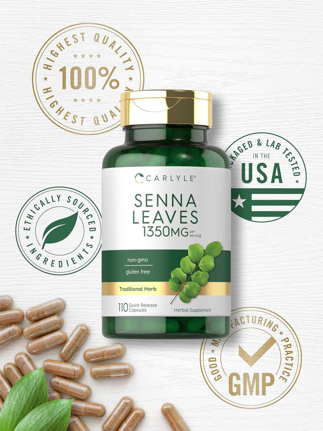 Carlyle Senna Leaves Supplement | 1350mg | 110 Capsules | Herbal Extract Formula | Non-GMO & Gluten Free