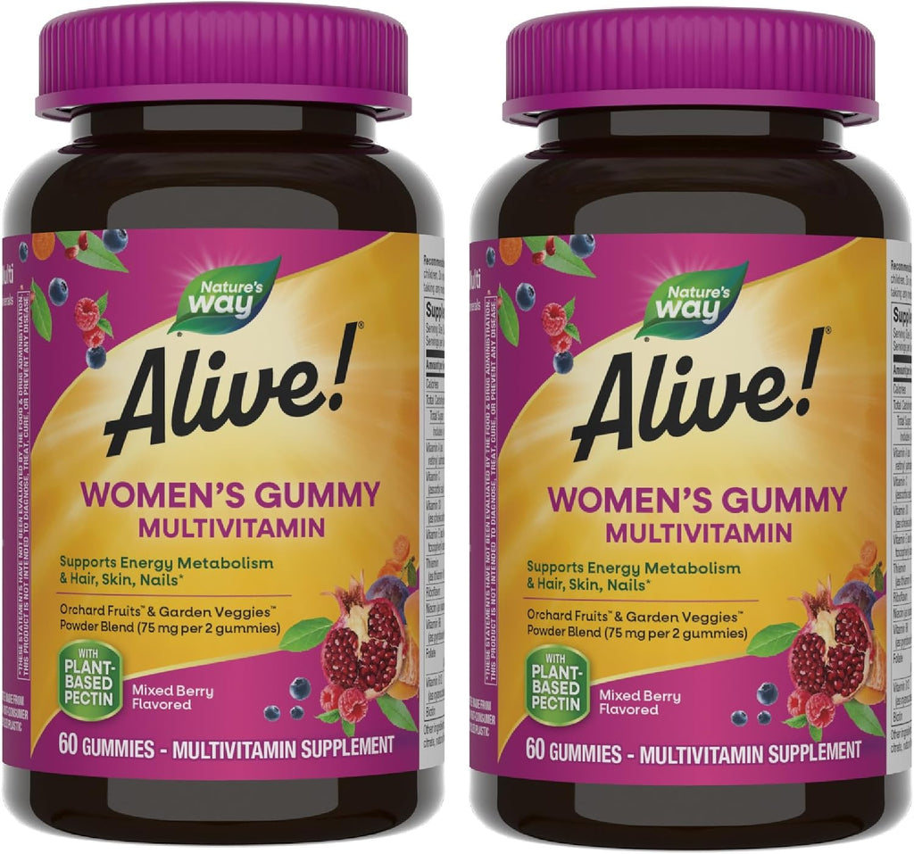 Nature's Way Alive! Multivitamínico Gominolas para Mujeres, 16 Vitaminas y Minerales, Metabolismo Energético, Piel Cabello Uñas, Vegetariano, Sabor Bayas Mixtas, 60 Gominolas (Pack de 2)