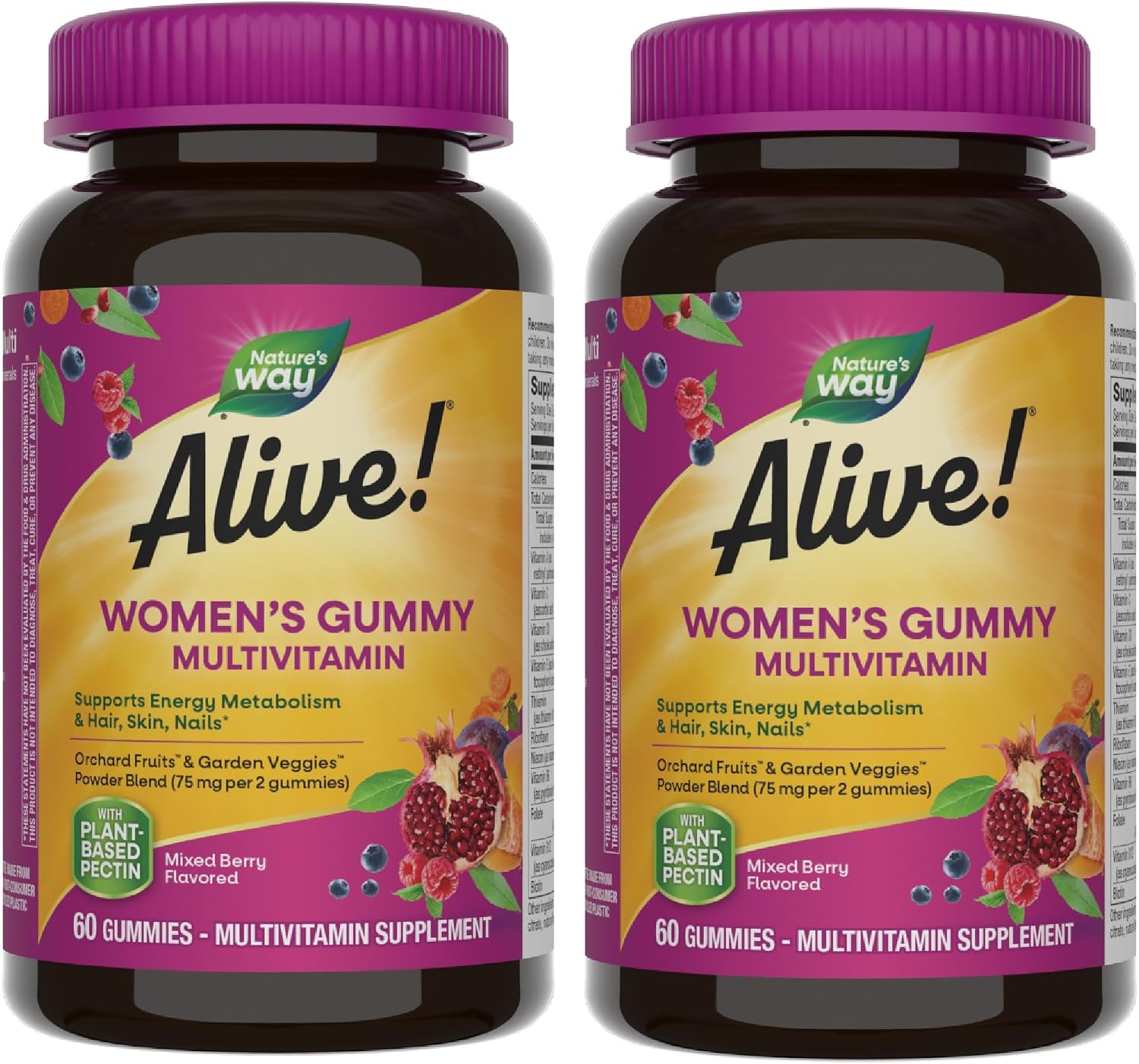 Nature's Way Alive! Multivitamínico Gominolas para Mujeres, 16 Vitaminas y Minerales, Metabolismo Energético, Piel Cabello Uñas, Vegetariano, Sabor Bayas Mixtas, 60 Gominolas (Pack de 2)