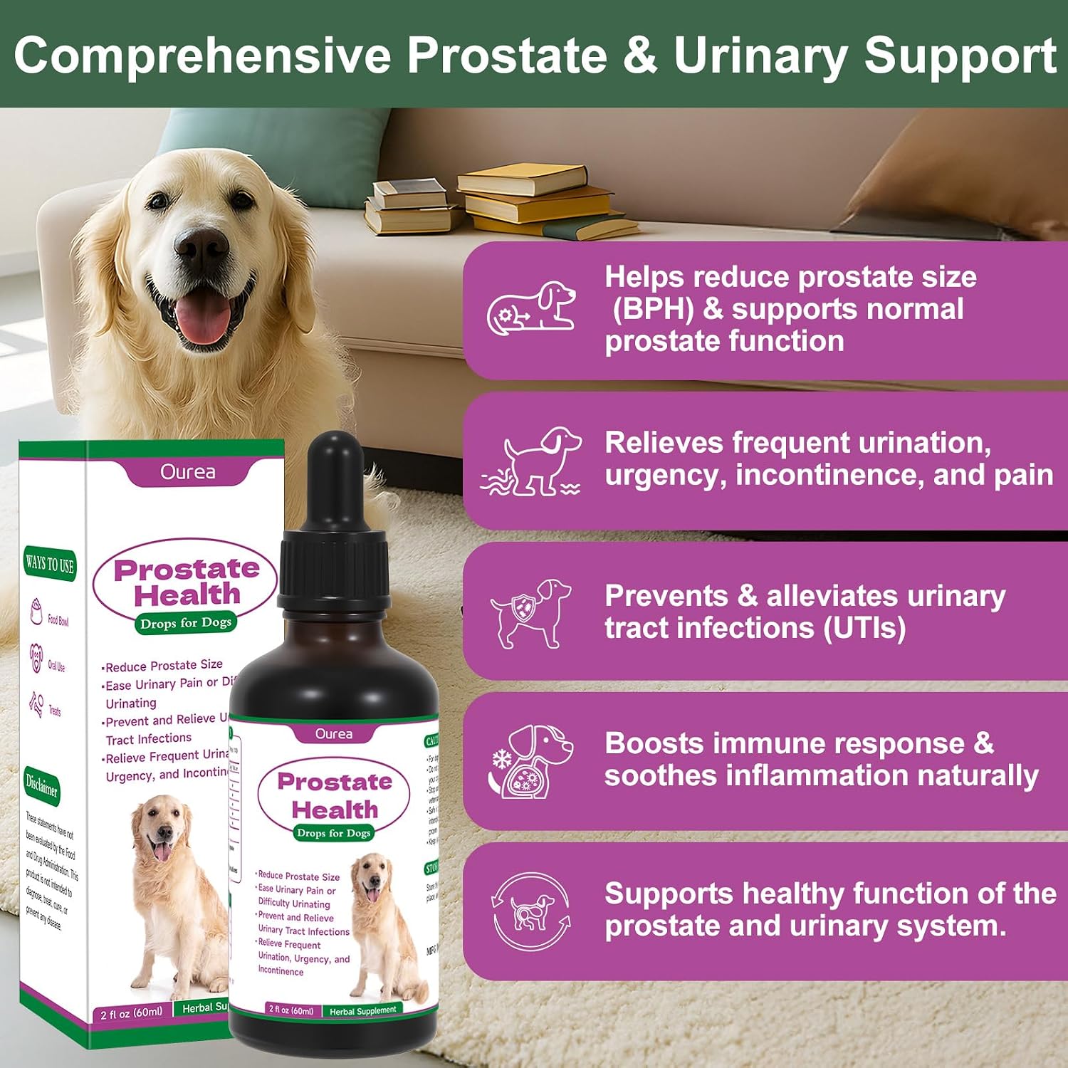 Ourea Gotas Prostáticas para Perros - Suplemento Herbal Líquido