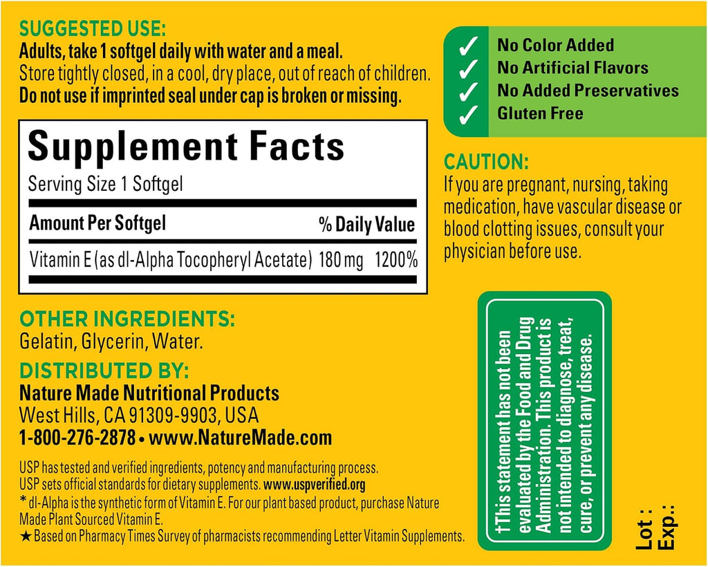 Nature Made Vitamina E 180 mg (400 UI) dl-Alfa, 100 Cápsulas (Pack de 3)