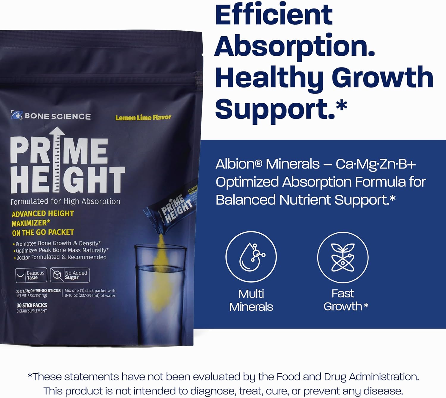 BONE SCIENCE Height Multivitamínico en Polvo para Niños y Adolescentes, Sabor Limón-Lima, 30 Sticks