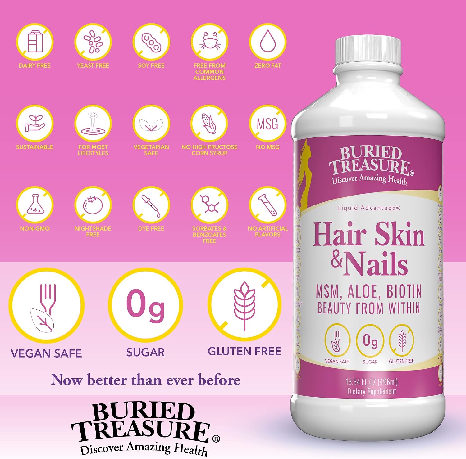 Buried Treasure Hair, Skin and Nails - Complejo Líquido de Biotina, MSM y Aloe Vera - 473 ml (16 oz)
