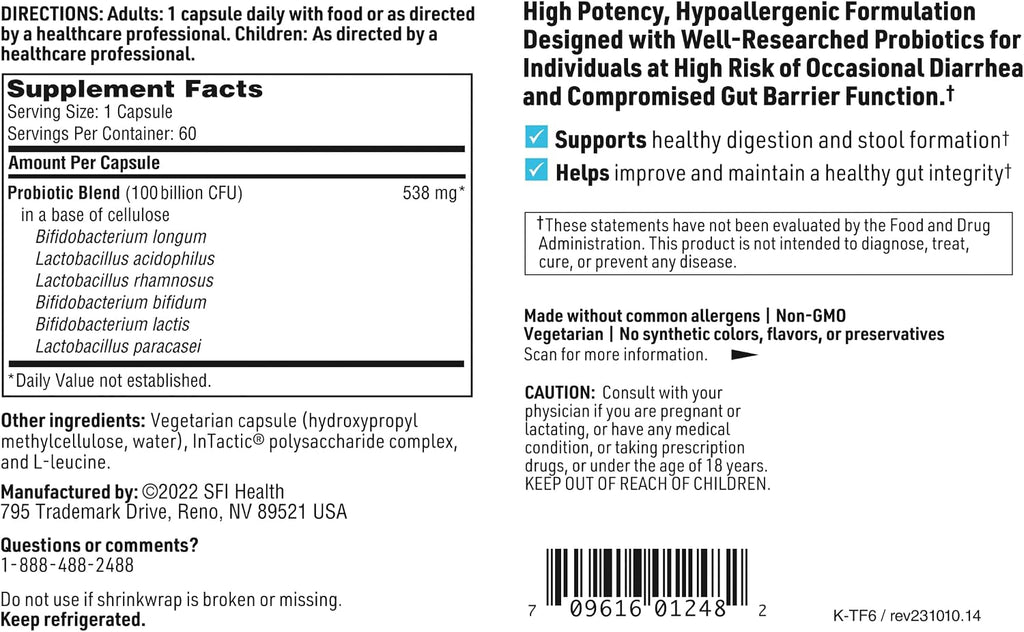 Klaire Labs SFI Health Ther-Biotic Factor 6 Probiótico - Ultra Alta Potencia 100 Mil Millones UFC - 60 Cápsulas