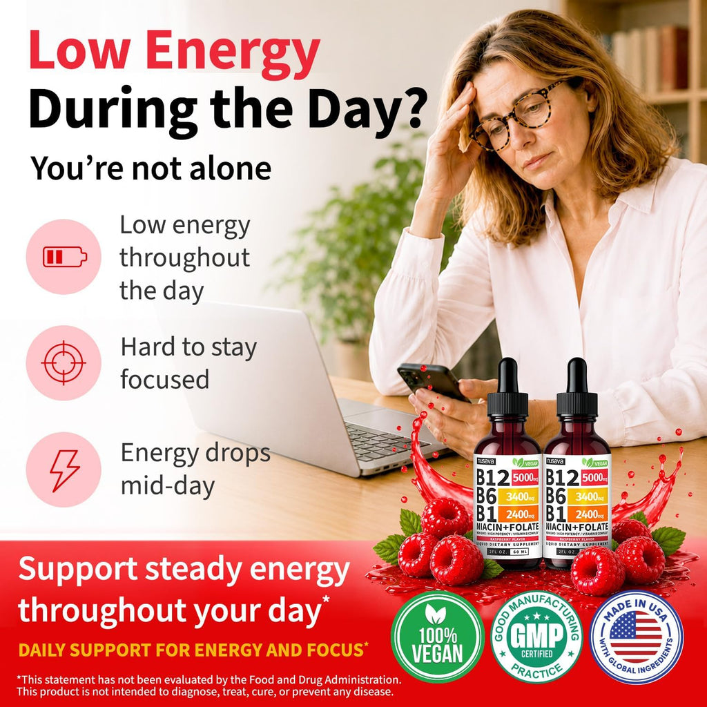 NUSAVA Complejo B Líquido con Vitamina B12, B6, B1, Niacina y Folato - Metilcobalamina 5000 mcg, Sabor Frambuesa, 80 Dosis