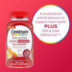 Centrum MultiGummies Multi+ Omega 3 Dual Action - Multivitamínico para adultos con omega-3, sabor fresa/limón/naranja, 110 gominolas