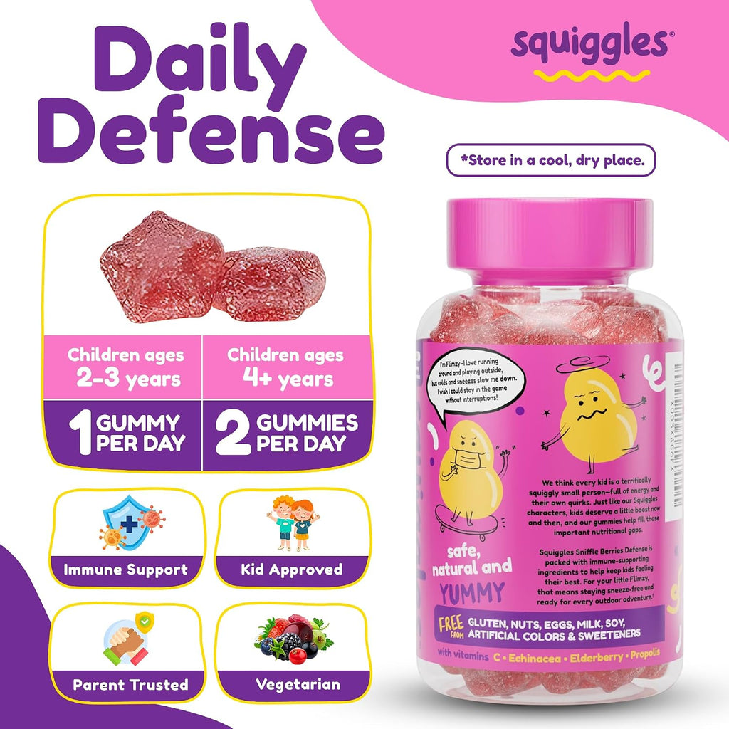 Squiggles Sniffle Berries Gomitas de Saúco, Propóleo y Equinácea para Niños - 100 uds