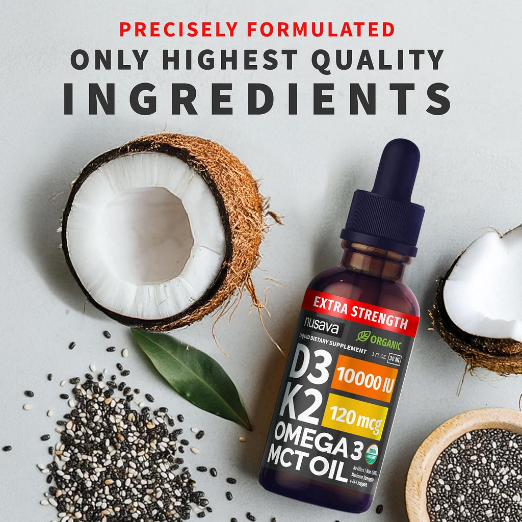 NUSAVA Gotas Extra Fuertes de Vitamina D3 y K2 Orgánicas con Aceite MCT y Omega 3 - 10000 UI, Sin Rellenos, No GMO, Sin Sabor (2 Paquete de 60 ml)