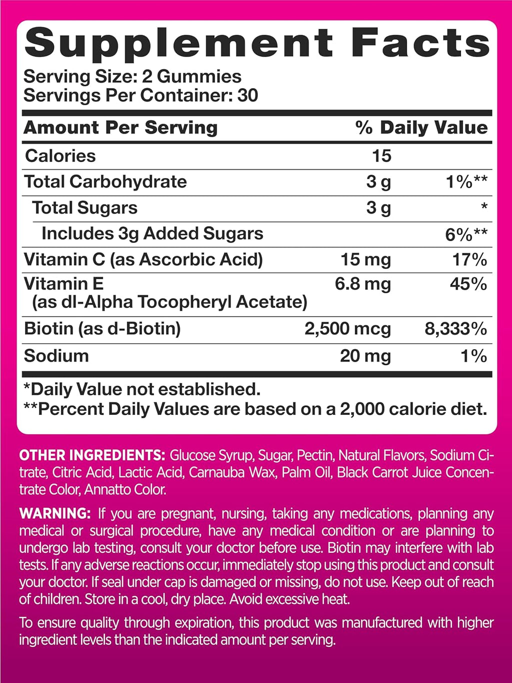PINK Hair Skin Nails Gummies con 2.500 mcg de Biotina, 60 Gominolas