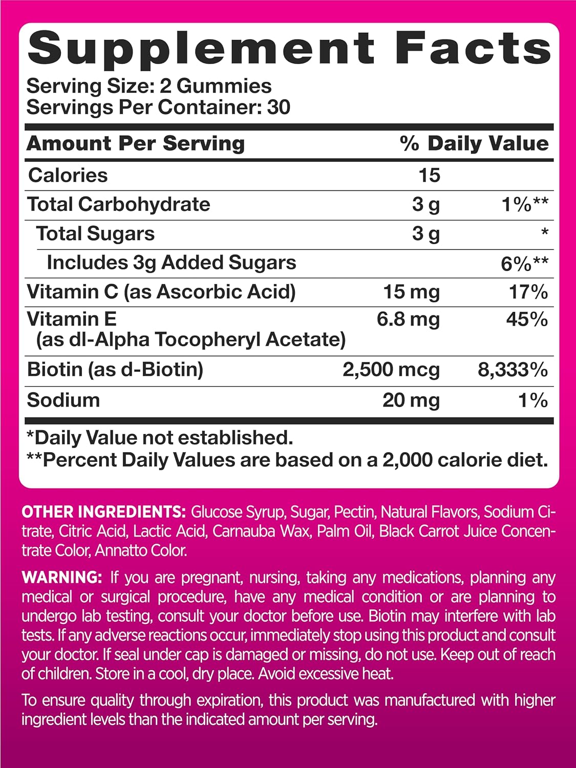 PINK Hair Skin Nails Gummies con 2.500 mcg de Biotina, 60 Gominolas