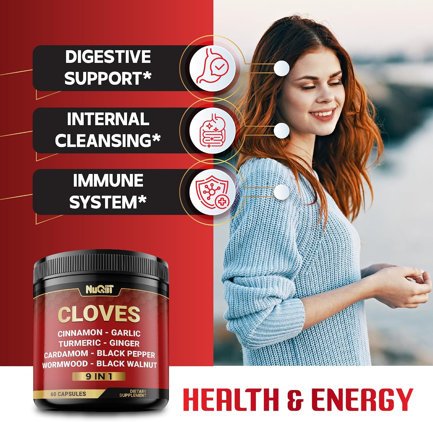 9in1 Clove Supplement Rich in Vitamins & Minerals for Digestive, Immune System, Bone & Heart Health with Cinnamon, Turmeric, Ginger, Cardamom, Garlic, Wormwood, Black Walnut - 60 Capsules - 30 Days