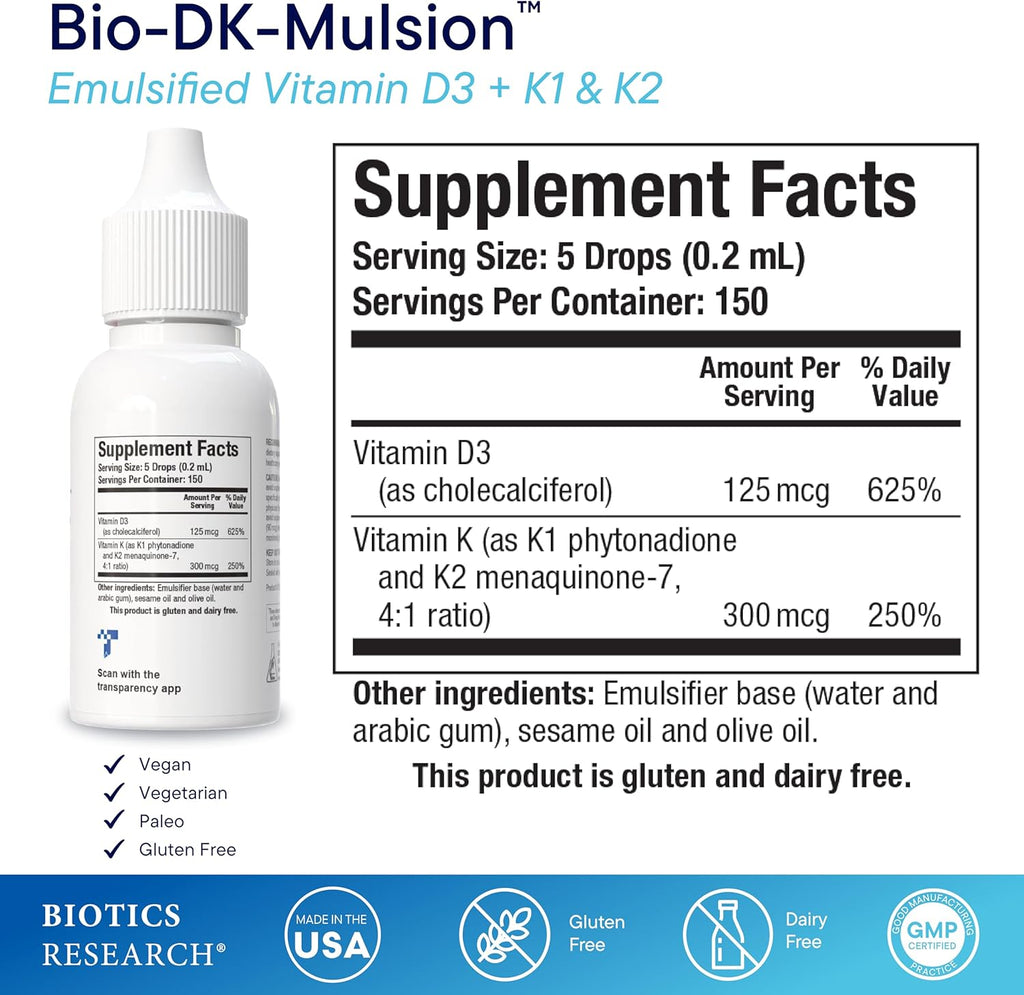 BIOTICS RESEARCH Bio-DK-Mulsion – Vitamina D3 y K Líquida Emulsificada, 1 fl oz