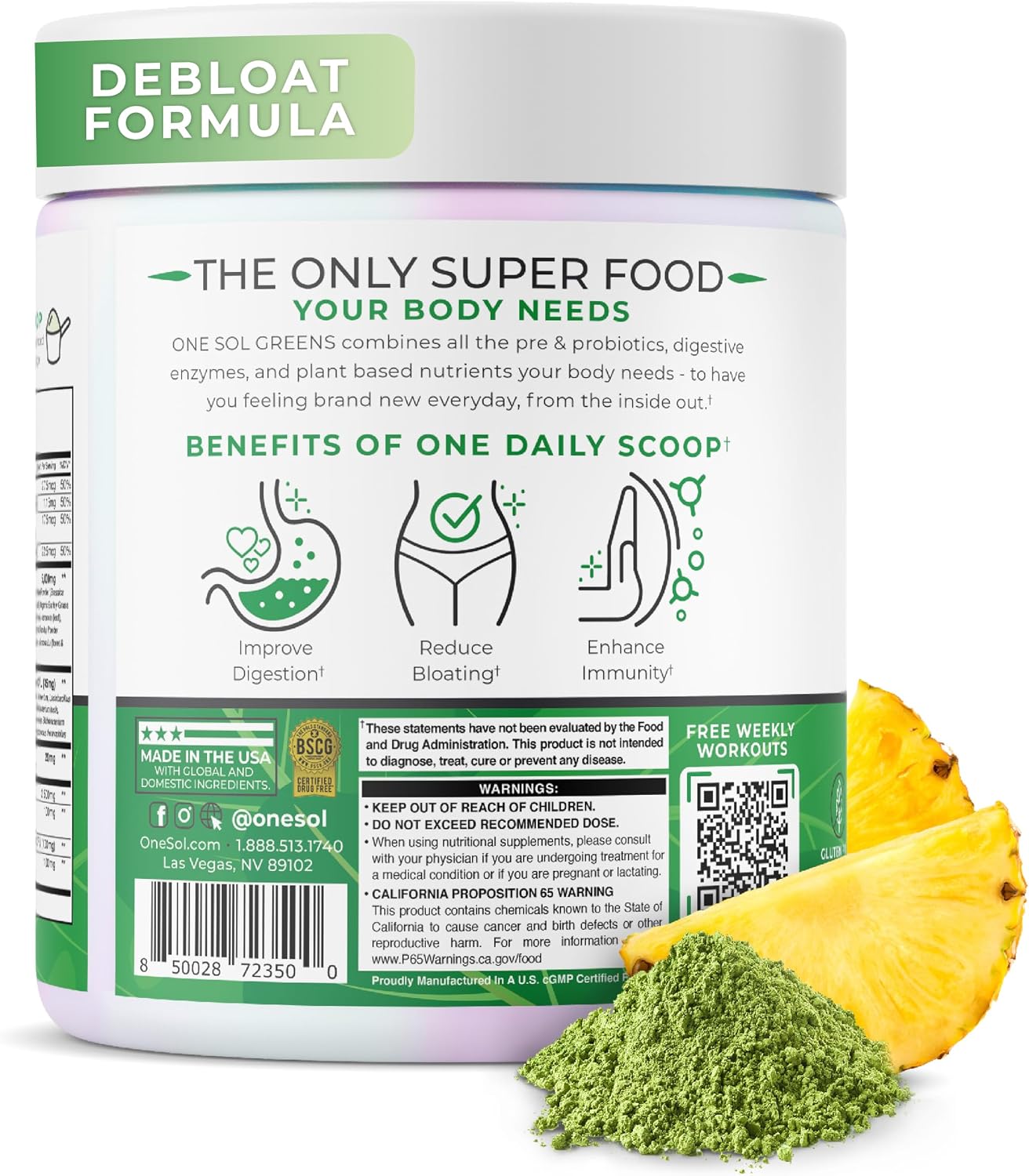 One Sol Greens, Super Greens en Polvo para Reducir la Hinchazón y Mejorar la Salud Digestiva, Mezcla de Superalimentos para Batidos, Prebiótico y Probiótico con Enzimas Digestivas, Vegano y Sin Soja