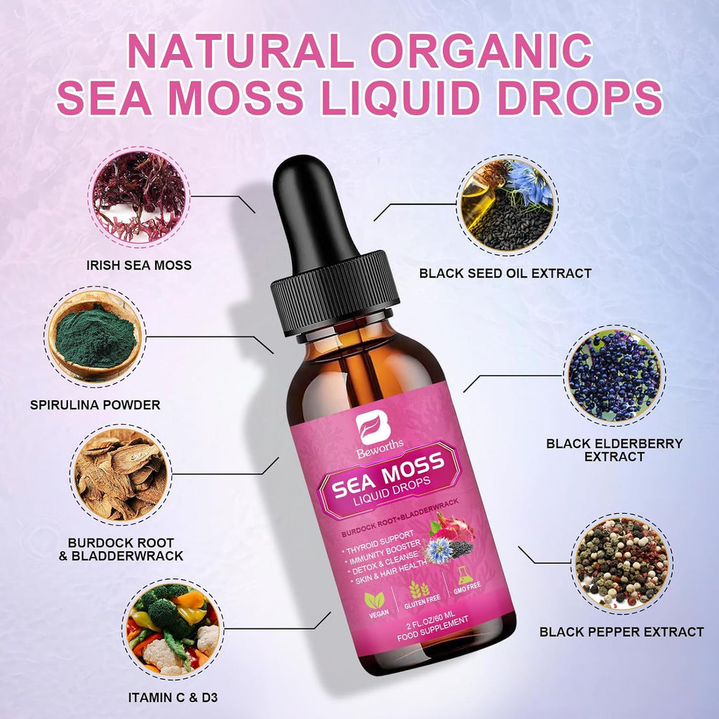 Sea Moss Liquid Drops - Musgo Marino Irlandés Orgánico con Aceite de Semilla Negra, Espirulina, Saúco y Vitaminas C y D3