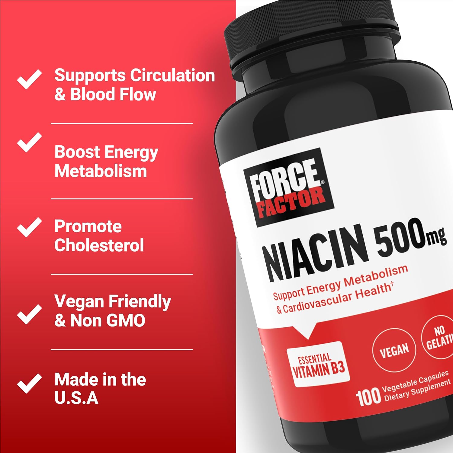 Force Factor Niacina Vitamina B3 500mg – 100 Cápsulas Vegetales