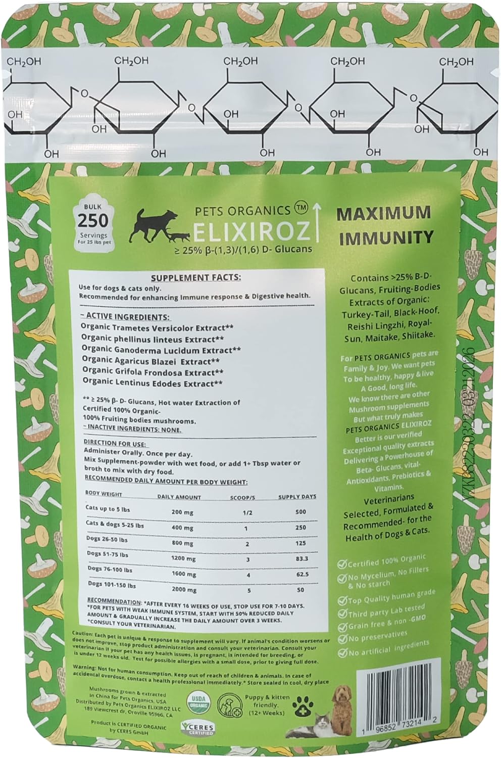 Complejo de Hongos para Perros y Gatos – 25%+ Beta-Glucanos – Mezcla de Extractos de Cuerpos Fructíferos (Cola de Pavo, Reishi, Maitake, Shiitake) – Apoyo Inmunitario y Digestivo – Sin Micelio, Sin Rellenos – 250 Servicios